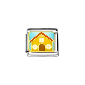Italienisches Edelstahl-Charm-Modul mit gelbem Haus auf hellblauem Hintergrund