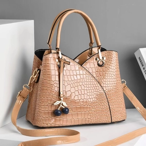 Crocodile Pattern PU Leather Handbag Women Shiny Top-Handle Crossbody Bag With Cherry Charm Large Capacity Shoulder Bag