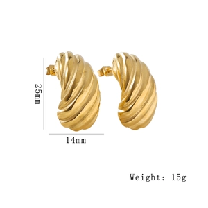 Polished gold spiral textured stainless steel earrings on a clean white background