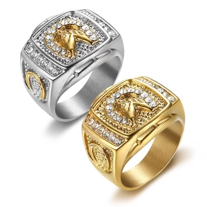 Men Hip Hop Horse Head Signet Ring Titanium Steel Gold Plated Rhinestone Inlaid Horseshoe Punk Jewelry Finger Ring For Party