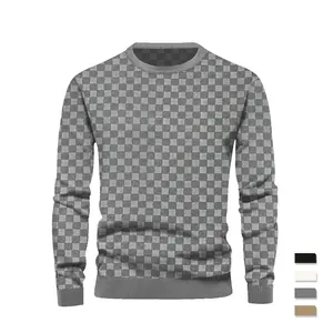 Men's heavyweight jacquard knit sweater with classic grey checkerboard pattern and crew neck