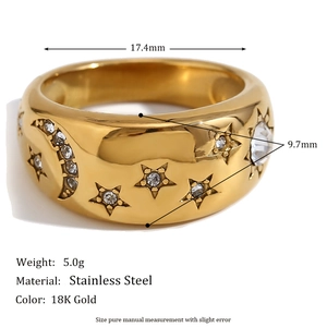 Detail view of 18K gold plated stainless steel ring with star moon motifs and dimensions