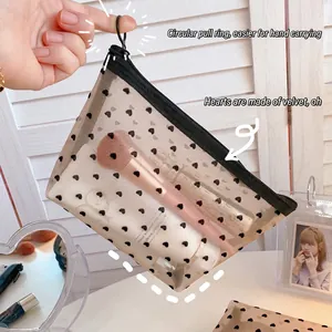Black mesh heart makeup bag with velvet flocked patterns and a metal ring zipper pull