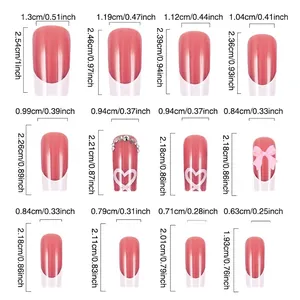 Size guide for French press-on nails featuring heart bow designs and detailed measurements