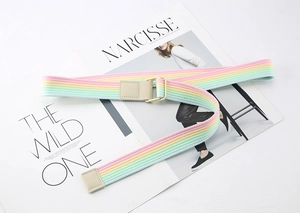 Detail of colorful striped woven belt with beige PU D-ring buckle on white background