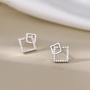 Elegant geometric square stud earrings with inlaid zircons and silver finish for women