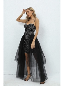 Detail of a black sequin dress featuring layered mesh fabric and a high-low tulle hem