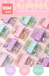 Detailed view of macaron colored paper clips and binder clips in a four-grid office set
