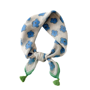 Beige cotton linen square scarf with blue floral prints and green tassels detail