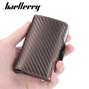 Brown carbon fiber RFID blocking men's wallet with automatic metal card ejector