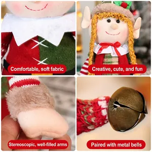 Cute sitting Christmas elf doll with red green felt outfit and metallic bell ornament