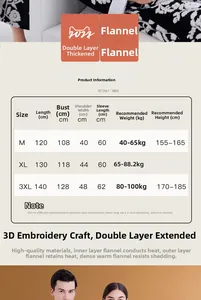 Detailed size chart for thick flannel fleece robe with double-layer warmth measurements