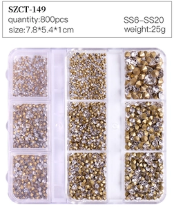 Nail art crystal set in 12-grid storage box with 800pcs SS6-SS20 clear rhinestones