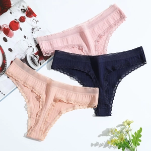 Three-pack low rise ribbed cotton thongs for women with delicate floral lace trim