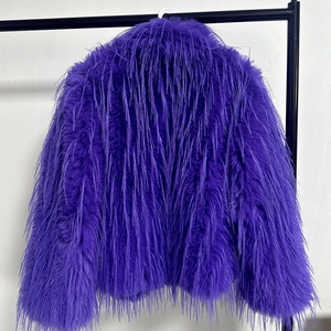 Bright purple faux fur jacket with a fluffy texture and stylish fringe design for winter