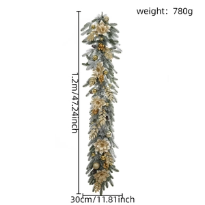 Flocked Christmas garland 1.2m with snow effect, gold flowers and berries dimension details