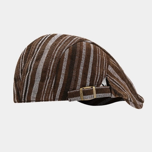Vintage dark brown striped flat cap with bronze buckle shown from a side profile