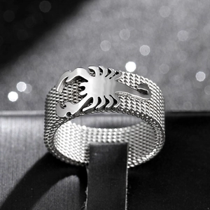 Minimalist 8mm silver steel ring with textured mesh band and 3D scorpion design