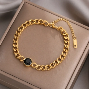 Vintage Gold Titanium Steel Cuban Chain Bracelet For Women Minimalist Round Black Rhinestone Inlaid Punk Jewelry Gift