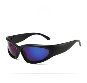 Detail of matte black wrap-around cycling sunglasses with blue-purple reflective lenses