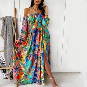 Off-shoulder floral maxi dress with high slit and vibrant bohemian print for summer