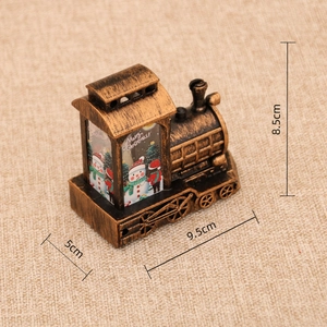 Macro detail of bronze vintage locomotive Christmas lamp with snowman painting and dimensions