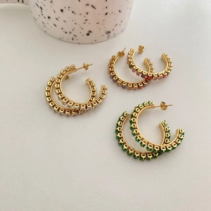 Stainless Steel C Shape Hoop Earrings With Square Zircon Luxury Gold Plated Colorful Fashion Jewelry For Women