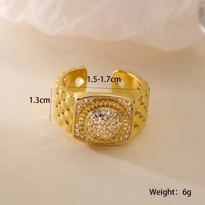 Detail view of 18K gold plated wide ring with cubic zirconia and size specifications