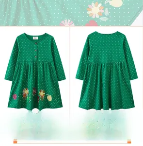 Detailed embroidery of flowers and green polka dot pattern on girls' autumn cotton dress