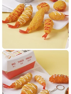 Detailed view of realistic tempura fried shrimp keychain with crispy texture and sauce