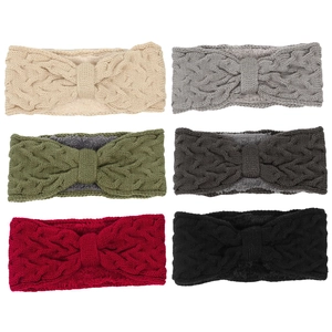 Detailed grid view of six knit bow headbands in beige, grey, green, charcoal, red, and black