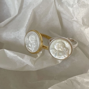 925 Sterling Silver Angel Cameo Ring Shell Portrait Relief French Vintage Style Open Adjustable Minimalist Jewelry