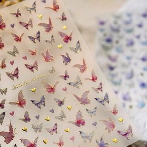 3D butterfly nail stickers with gold stamping and gradient colorful heart patterns