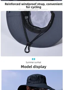 Detail of outdoor sun hat featuring reinforced windproof rope and breathable mesh vents