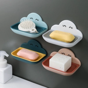 Cloud-shaped wall-mounted soap dish set showing drainage feature and color options