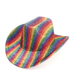 Close-up of sparkling rainbow striped cowboy hat with festive glitter weave texture