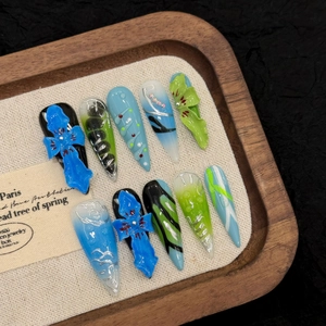 Handmade press-on nails with blue cross relief, floral painting and silver sand patterns