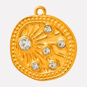 Detailed view of 18k gold plated round pendant with starburst cubic zirconia setting
