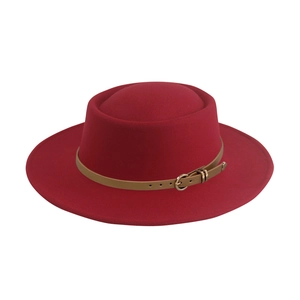 Classic red wool fedora hat with khaki leather belt and gold buckle for men and women