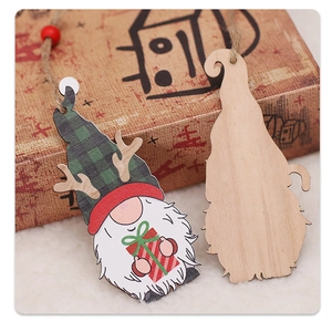 Macro detail of wooden Christmas gnome ornament with green plaid hat and wood texture