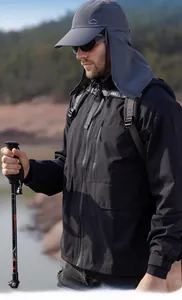 Close-up of outdoor gear set showing waterproof zipper on jacket and sun protection hat