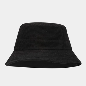 Close-up of the black corduroy texture and fine stitching on the stylish bucket hat