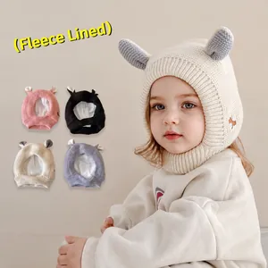 Winterliche Baby-Strickmütze mit Ohrenklappen, Fleece-Futter und Ohren in fünf Farben