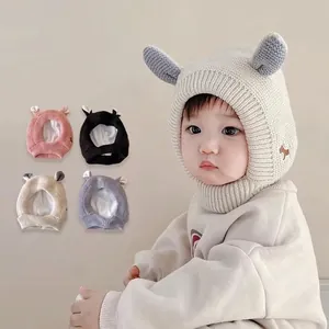 Winter knitted baby earflap hat with fleece lining and cute 3D ears in five colors