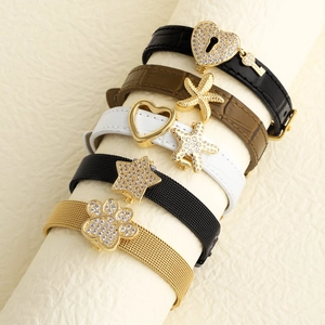 DIY Schiebeanhänger Armband Edelstahl Netzband Echtes Leder Vergoldet Zirkon Herz Stern Seestern Pfote Modeschmuck Damen