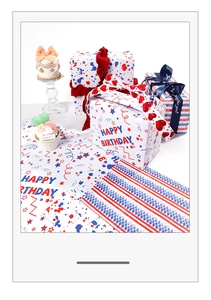 Close-up of Happy Birthday gift wrapping paper set with red and blue ribbons and patterns