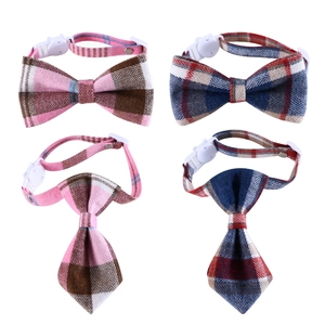 Detail of adjustable plaid pet bowties and ties in pink, brown, blue, and red patterns