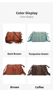 Detail view of four bohemian crossbody bags with embossed patterns and long tassels