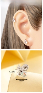 Macro detail of star cartilage earrings with size markers and ear placement view