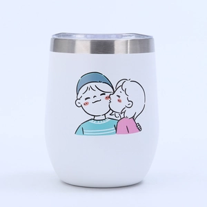 Detailed close-up of 12oz stainless steel egg tumbler with cartoon couple printing